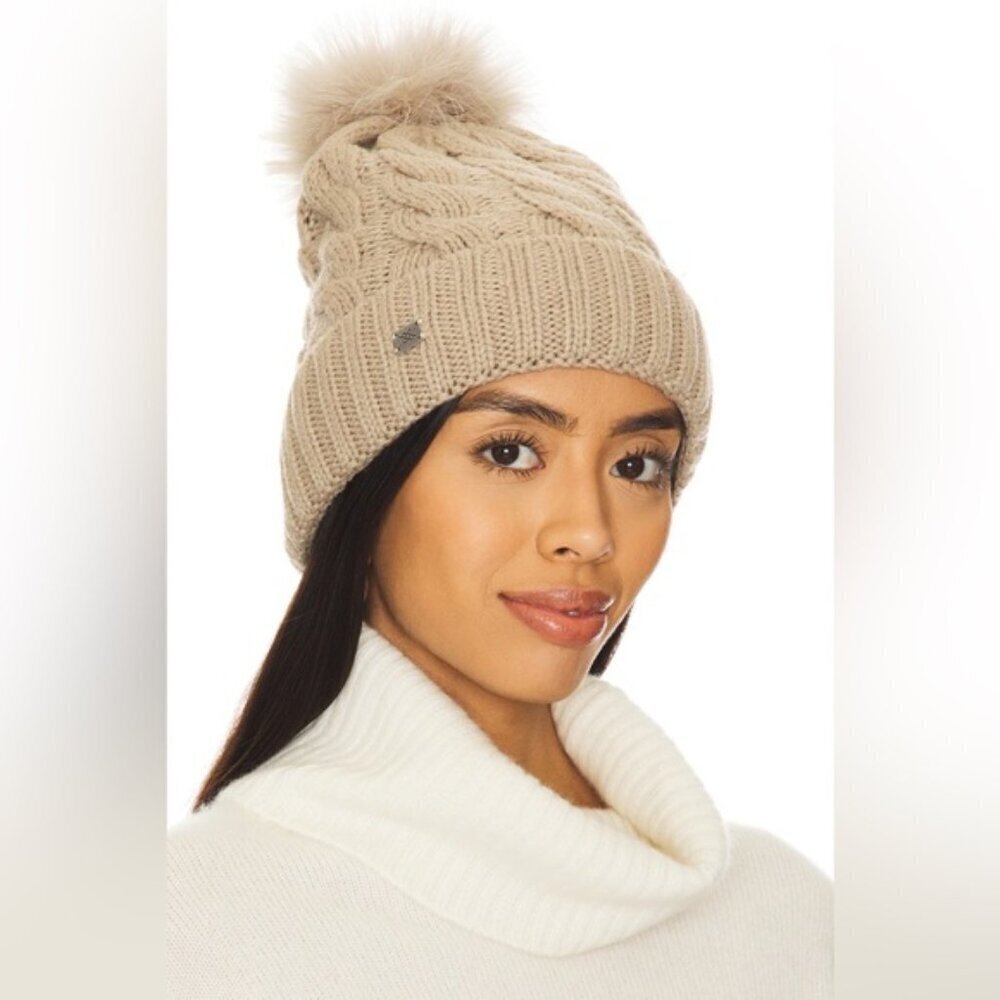 NEW DESIGNER SOIA & KYO AMALIE cable knit WOOL beanie/toque red feather pom pom